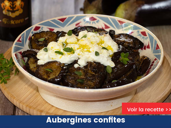 Aubergines confites au vinaigre balsamique et burrata